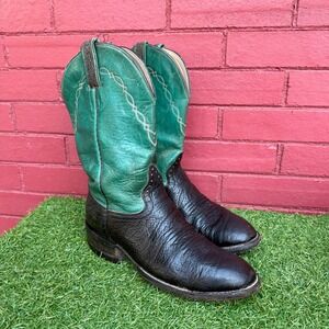 Vtg Honcho Exotic Cowboy Boots‎ Size 8.5D Black Leather Turquoise Top Western